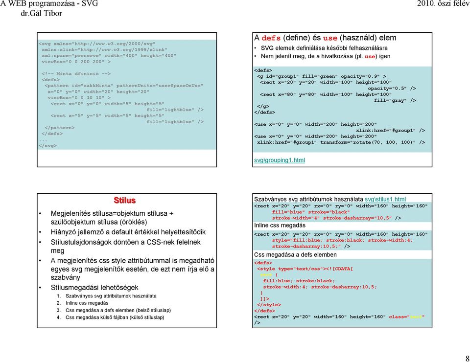 <rect x="5" y="5" width="5" height="5" fill="lightblue" /> </pattern>... A defs (define) és use (használd) elem SVG elemek definiálása későbbi felhasználásra Nem jelenít meg, de a hivatkozása (pl.