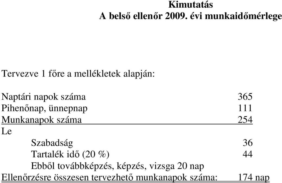 száma 365 Pihenınap, ünnepnap 111 Munkanapok száma 254 Le Szabadság 36