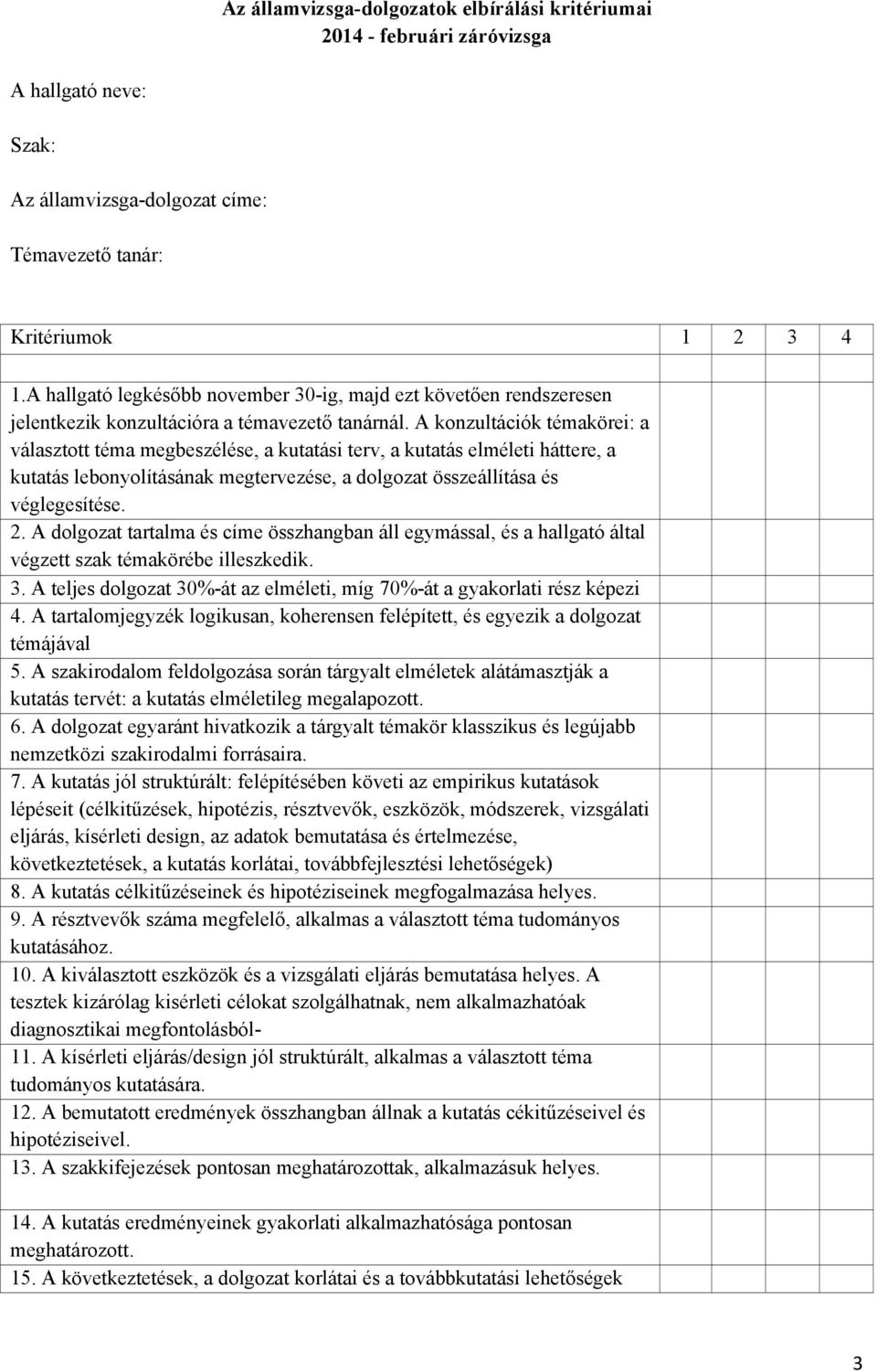 A konzultációk témakörei: a választott téma megbeszélése, a kutatási terv, a kutatás elméleti háttere, a kutatás lebonyolításának megtervezése, a dolgozat összeállítása és véglegesítése. 2.