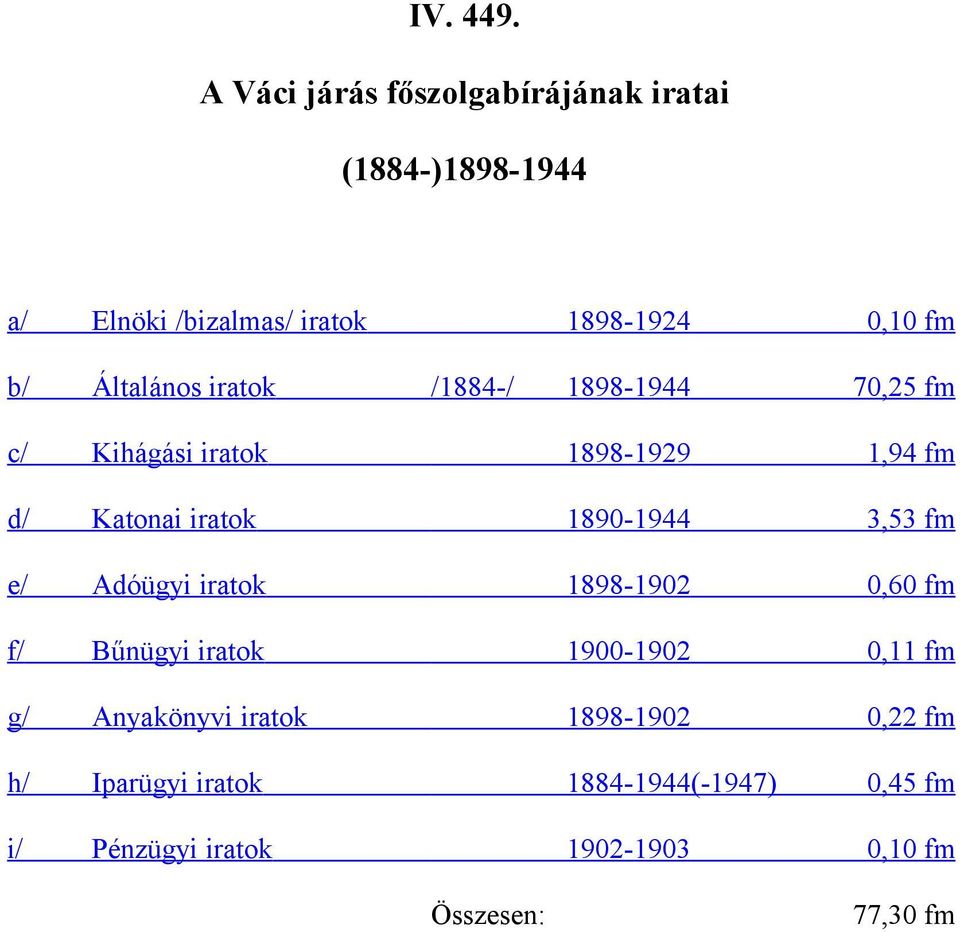 Általános iratok /1884-/ 1898-1944 70,25 fm c/ Kihágási iratok 1898-1929 1,94 fm d/ Katonai iratok 1890-1944