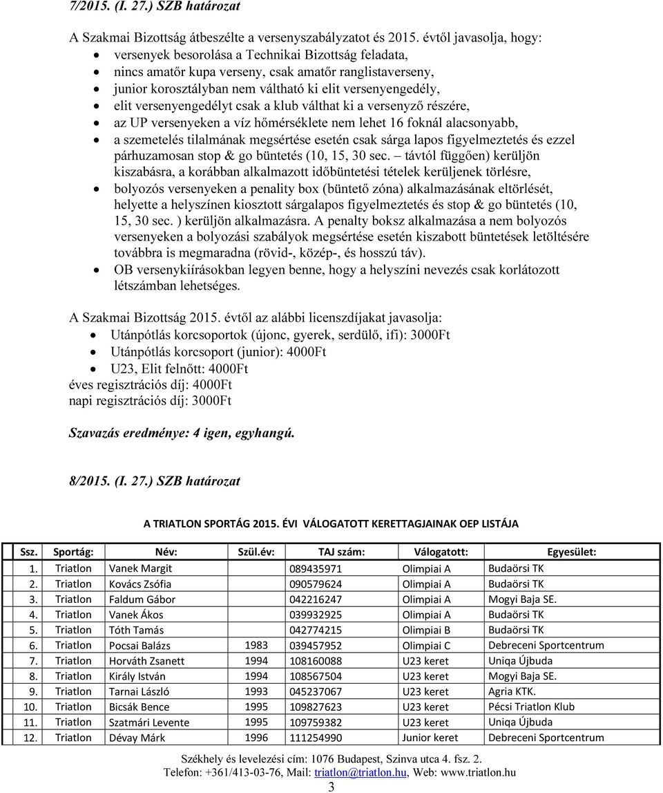 versenyengedélyt csak a klub válthat ki a versenyző részére, az UP versenyeken a víz hőmérséklete nem lehet 16 foknál alacsonyabb, a szemetelés tilalmának megsértése esetén csak sárga lapos