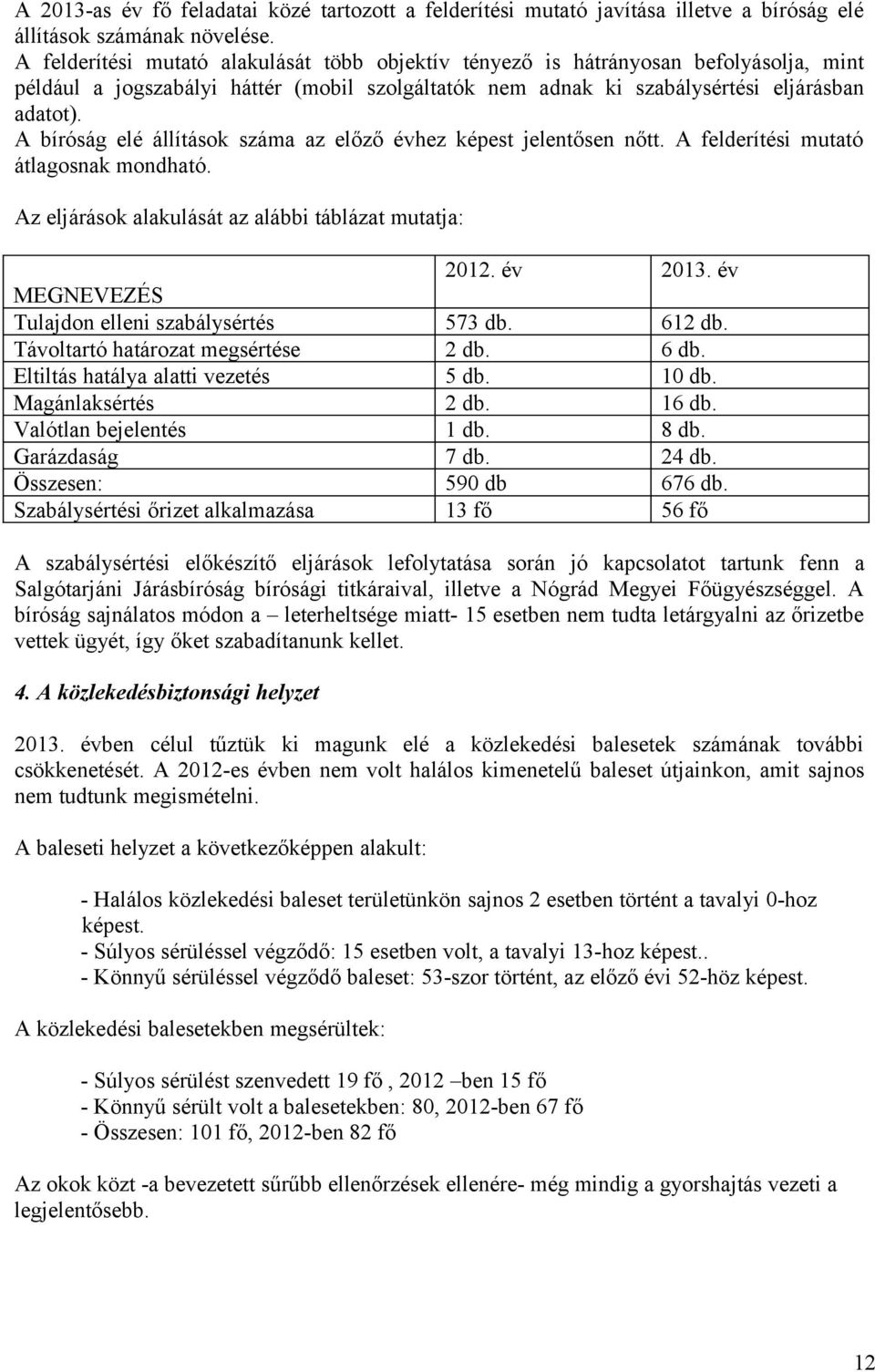 A bíróság elé állítások száma az előző évhez képest jelentősen nőtt. A felderítési mutató átlagosnak mondható. Az eljárások alakulását az alábbi táblázat mutatja: 2012. év 2013.