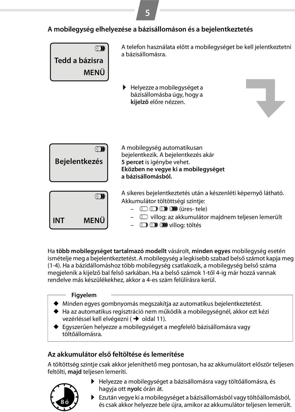 Eközben ne vegye ki a mobilegységet a bázisállomásból. INT V MENÜ A sikeres bejelentkeztetés után a készenléti képernyő látható.