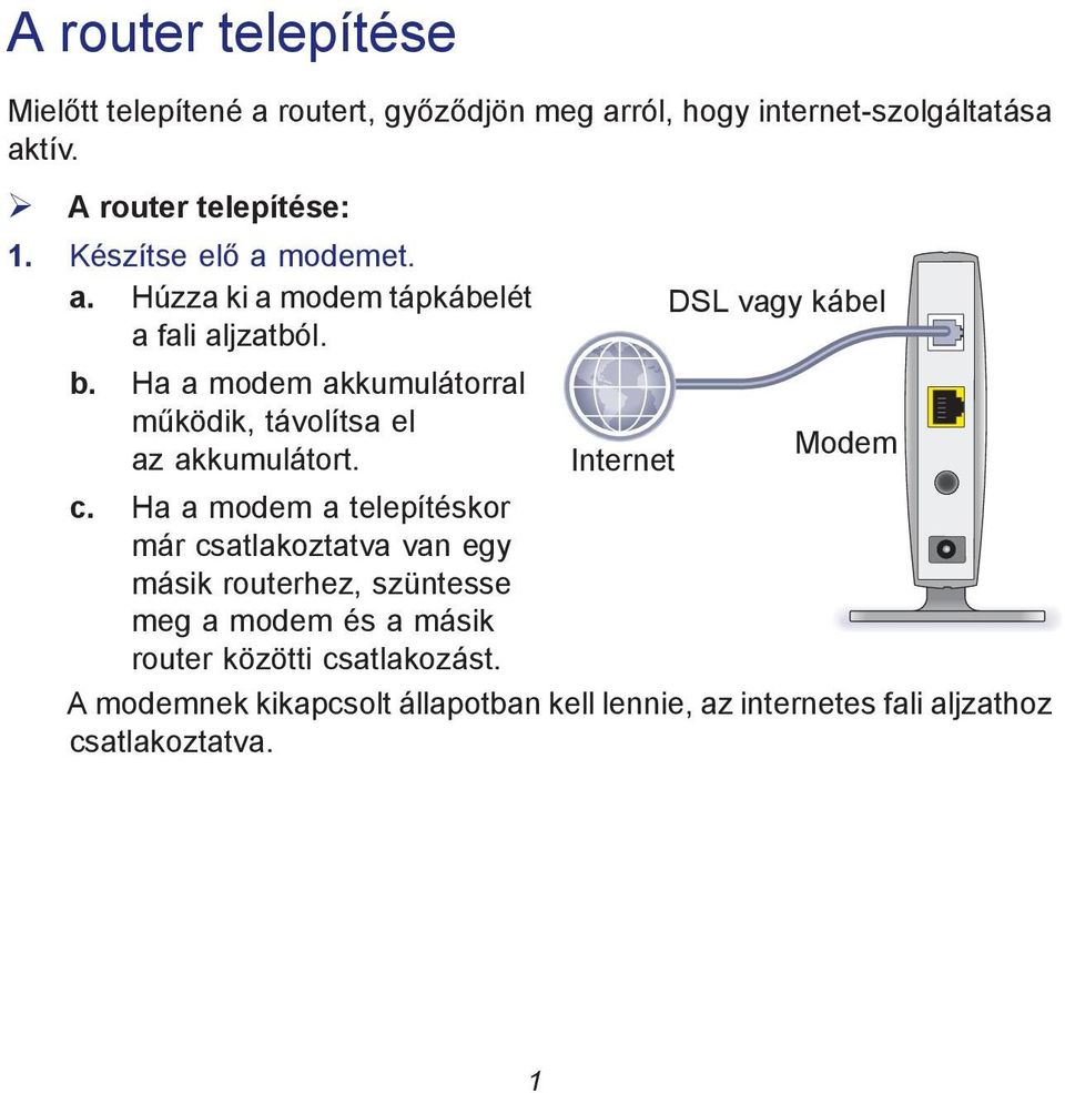 Ha a modem akkumulátorral működik, távolítsa el az akkumulátort. Internet DSL vagy kábel Modem c.