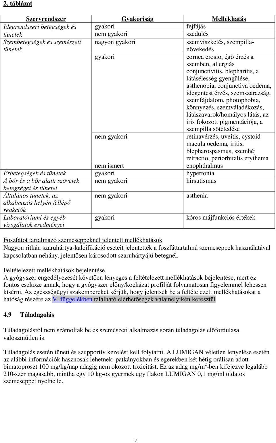 szemfájdalom, photophobia, könnyezés, szemváladékozás, látászavarok/homályos látás, az iris fokozott pigmentációja, a szempilla sötétedése nem gyakori retinavérzés, uveitis, cystoid macula oedema,