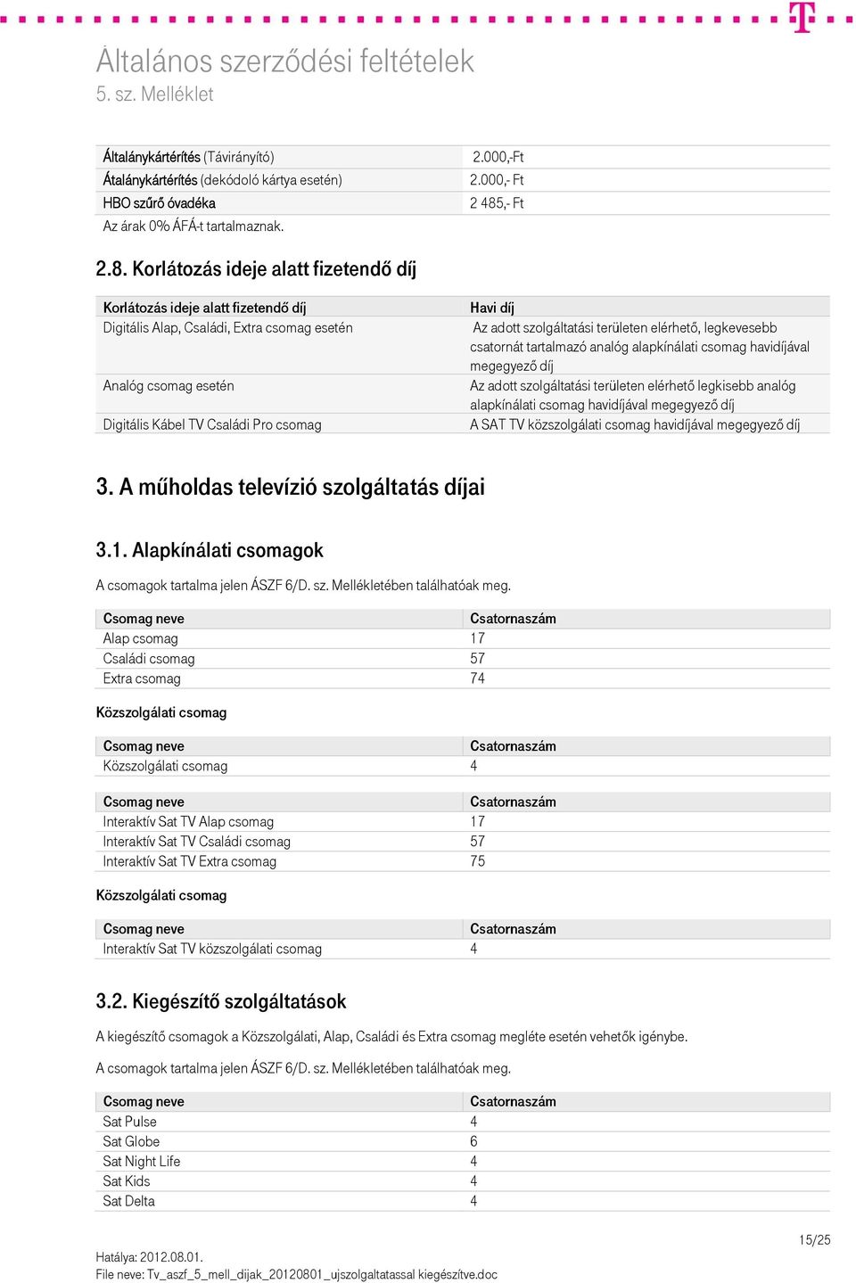 Korlátozás ideje alatt fizetendő díj Korlátozás ideje alatt fizetendő díj Digitális Alap, Családi, Extra csomag esetén Analóg csomag esetén Digitális Kábel TV Családi Pro csomag Az adott