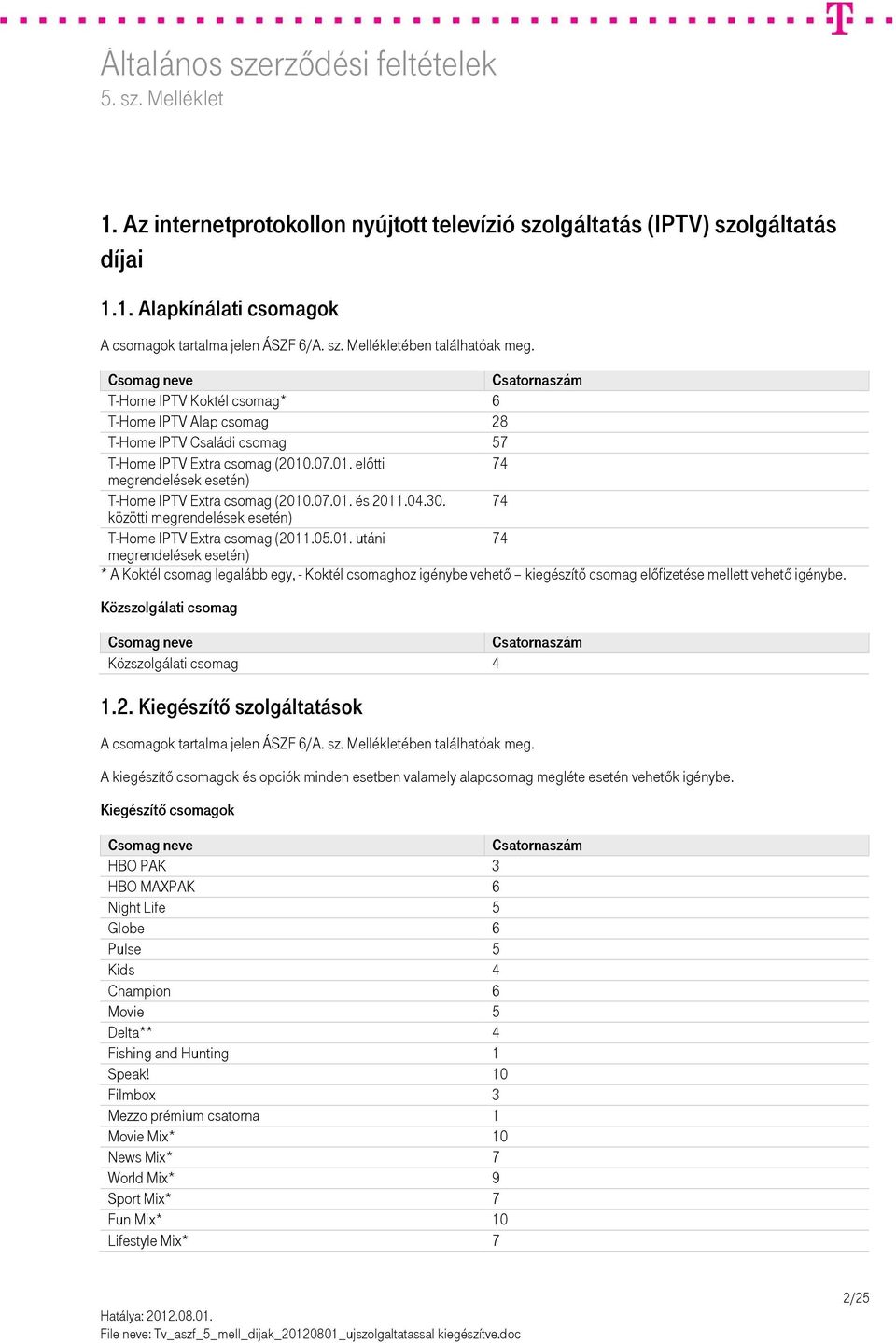 közötti megrendelések esetén) 74 T-Home IPTV Extra csomag (2011