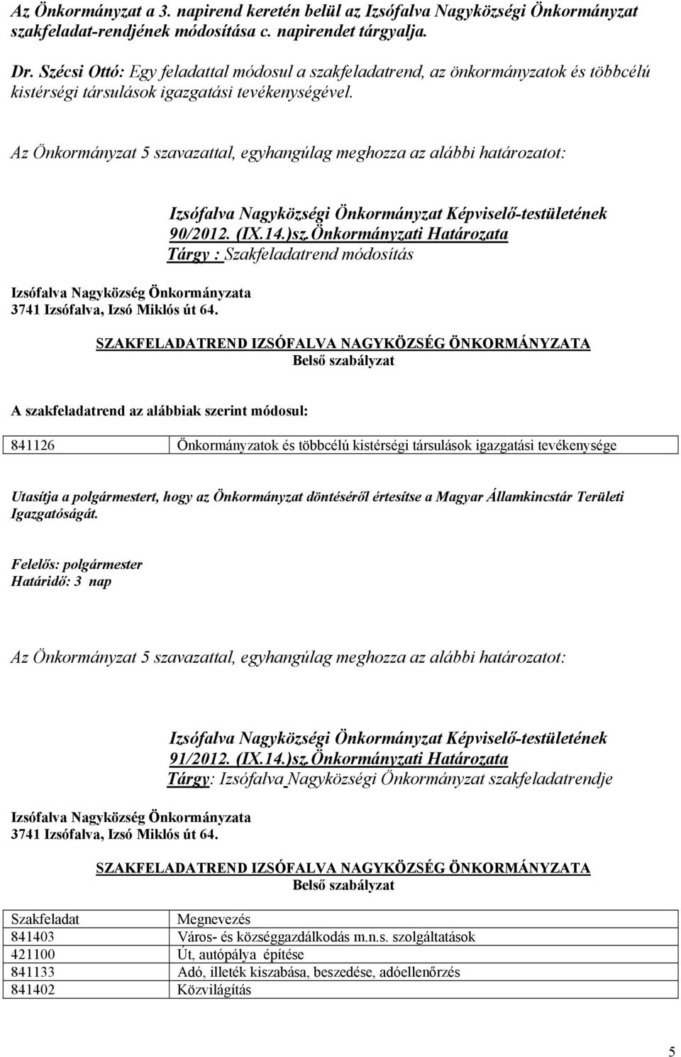 Az Önkormányzat 5 szavazattal, egyhangúlag meghozza az alábbi határozatot: Izsófalva Nagyközség Önkormányzata 3741 Izsófalva, Izsó Miklós út 64. 90/2012. (IX.14.)sz.