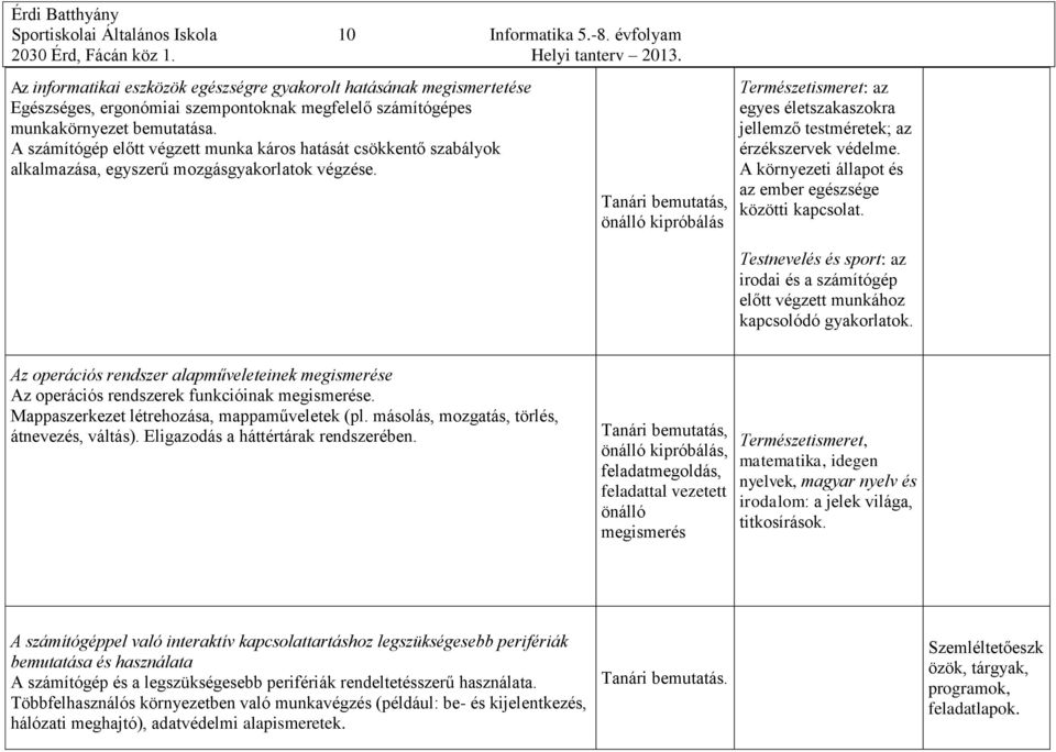 A számítógép előtt végzett munka káros hatását csökkentő szabályok alkalmazása, egyszerű mozgásgyakorlatok végzése.