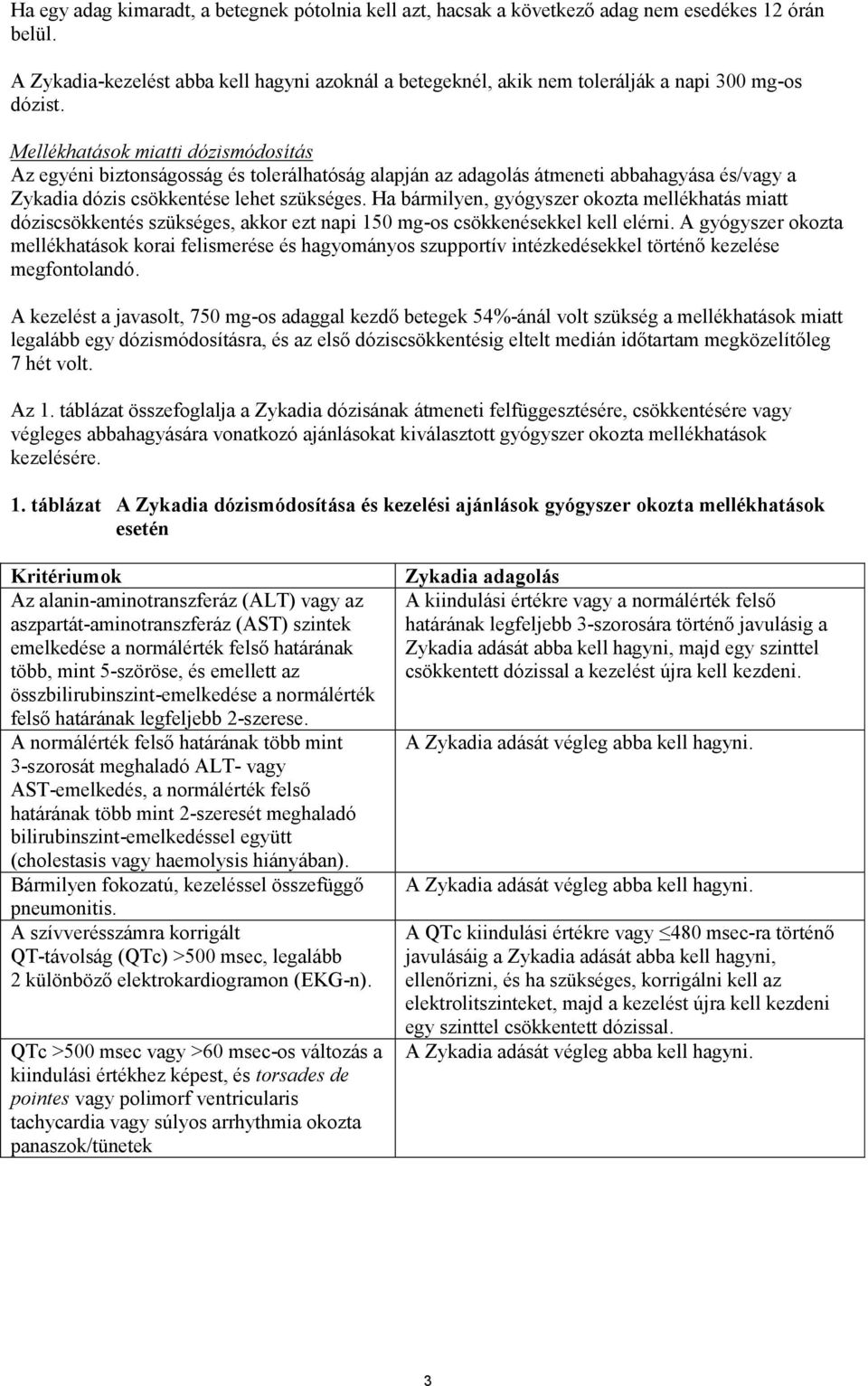 Mellékhatások miatti dózismódosítás Az egyéni biztonságosság és tolerálhatóság alapján az adagolás átmeneti abbahagyása és/vagy a Zykadia dózis csökkentése lehet szükséges.