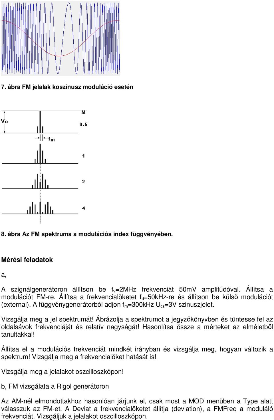 Vizsgálja meg a jel spektrumát! Ábrázolja a spektrumot a jegyzőkönyben és tüntesse fel az oldalsáok frekenciáját és relatí nagyságát! Hasonlítsa össze a mérteket az elméletből tanultakkal!