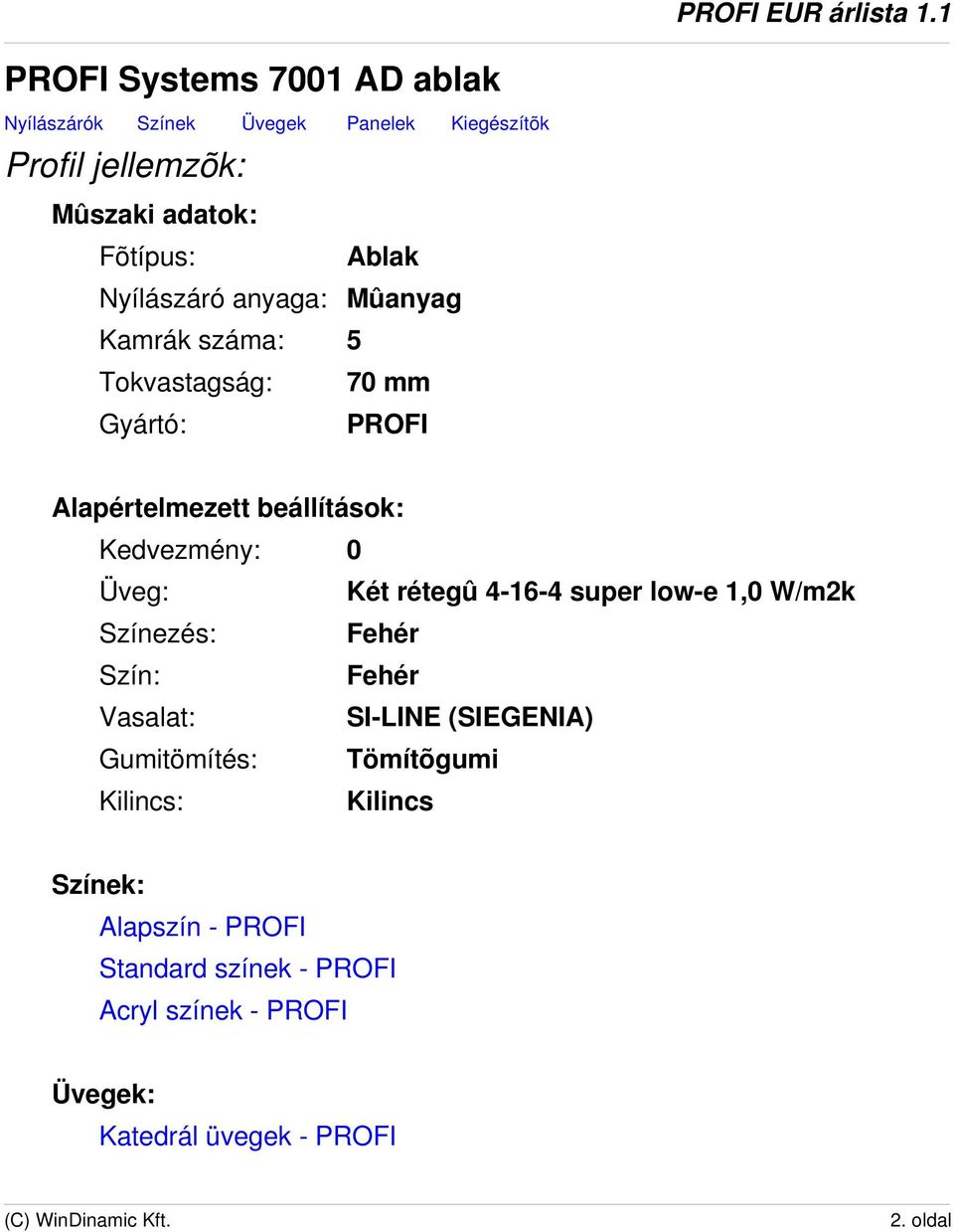 Üveg: Két rétegû 4-16-4 super low-e 1,0 W/m2k Színezés: Fehér Szín: Fehér Vasalat: SI-LINE (SIEGENIA) Gumitömítés: