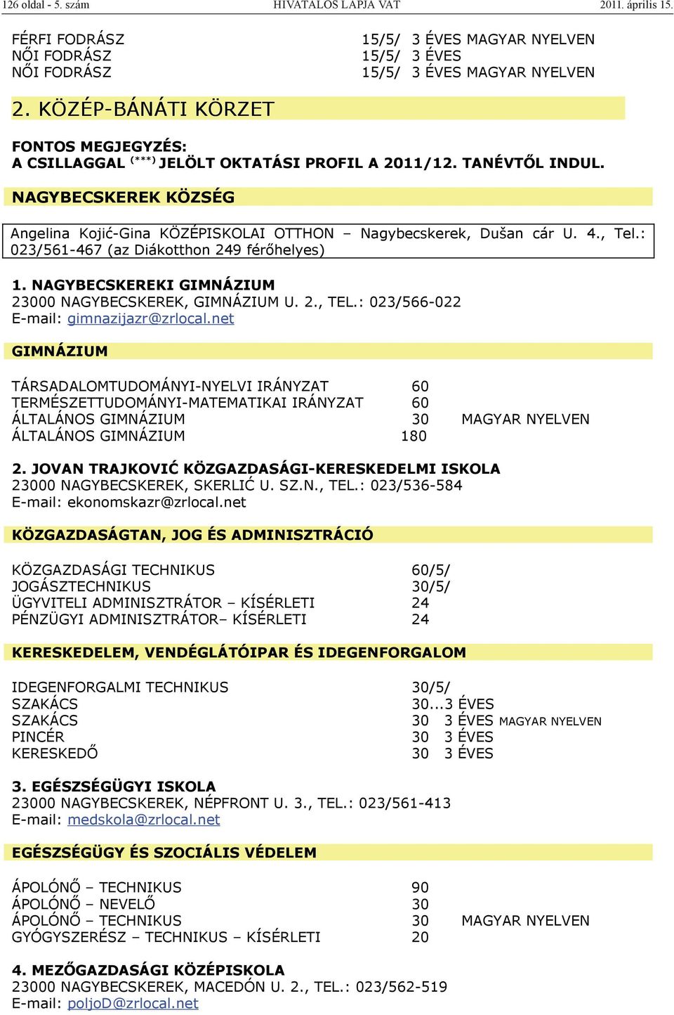 , Tel.: 023/561-467 (az Diákotthon 249 férőhelyes) 1. NAGYBECSKEREKI 23000 NAGYBECSKEREK, U. 2., TEL.: 023/566-022 E-mail: gimnazijazr@zrlocal.