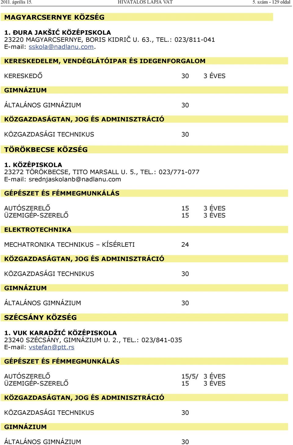 KÖZÉPISKOLA 23272 TÖRÖKBECSE, TITO MARSALL U. 5., TEL.: 023/771-077 E-mail: srednjaskolanb@nadlanu.