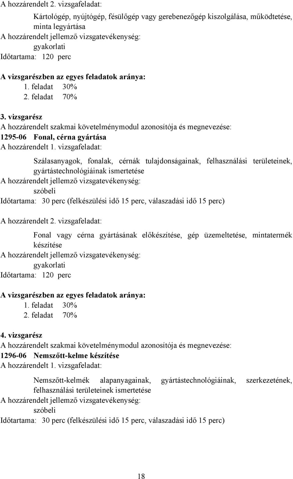 vizsgarészben az egyes feladatok aránya: 1. feladat 30% 2. feladat 70% 3. vizsgarész A hozzárendelt szakmai követelménymodul azonosítója és megnevezése: 129506 Fonal, cérna gyártása A hozzárendelt 1.