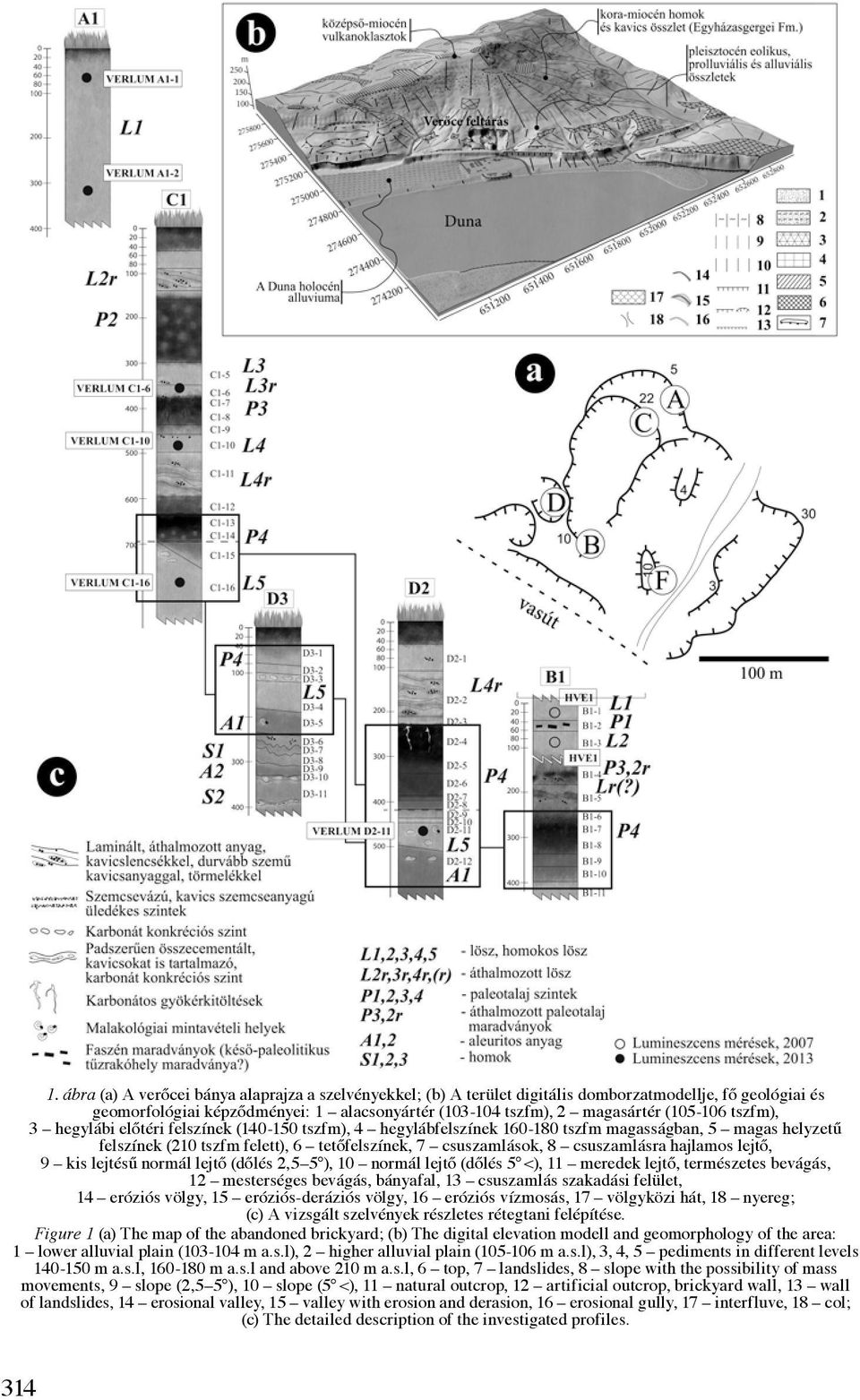 hajlamos lejtő, 9 kis lejtésű normál lejtő (dőlés 2,5 5 ), 10 normál lejtő (dőlés 5 <), 11 meredek lejtő, természetes bevágás, 12 mesterséges bevágás, bányafal, 13 csuszamlás szakadási felület, 14