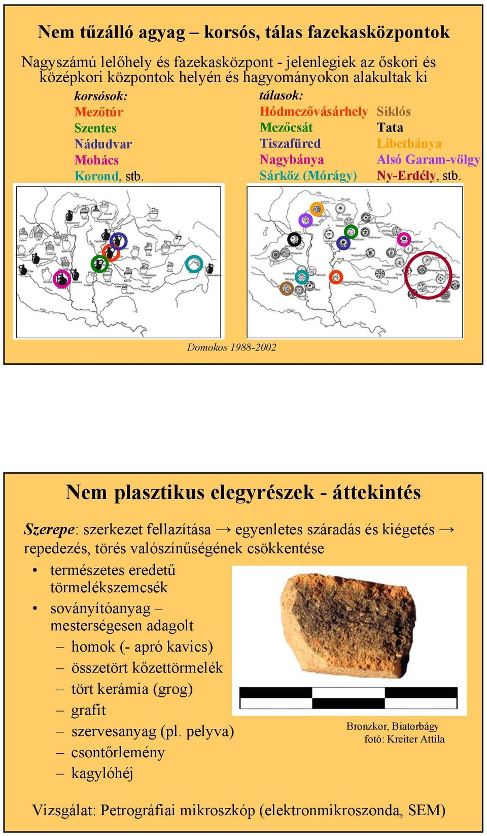 Domokos 1988-2002 Nem plasztikus elegyrészek - áttekintés Szerepe: szerkezet fellazítása egyenletes száradás és kiégetés repedezés, törés valószínűségének csökkentése természetes eredetű