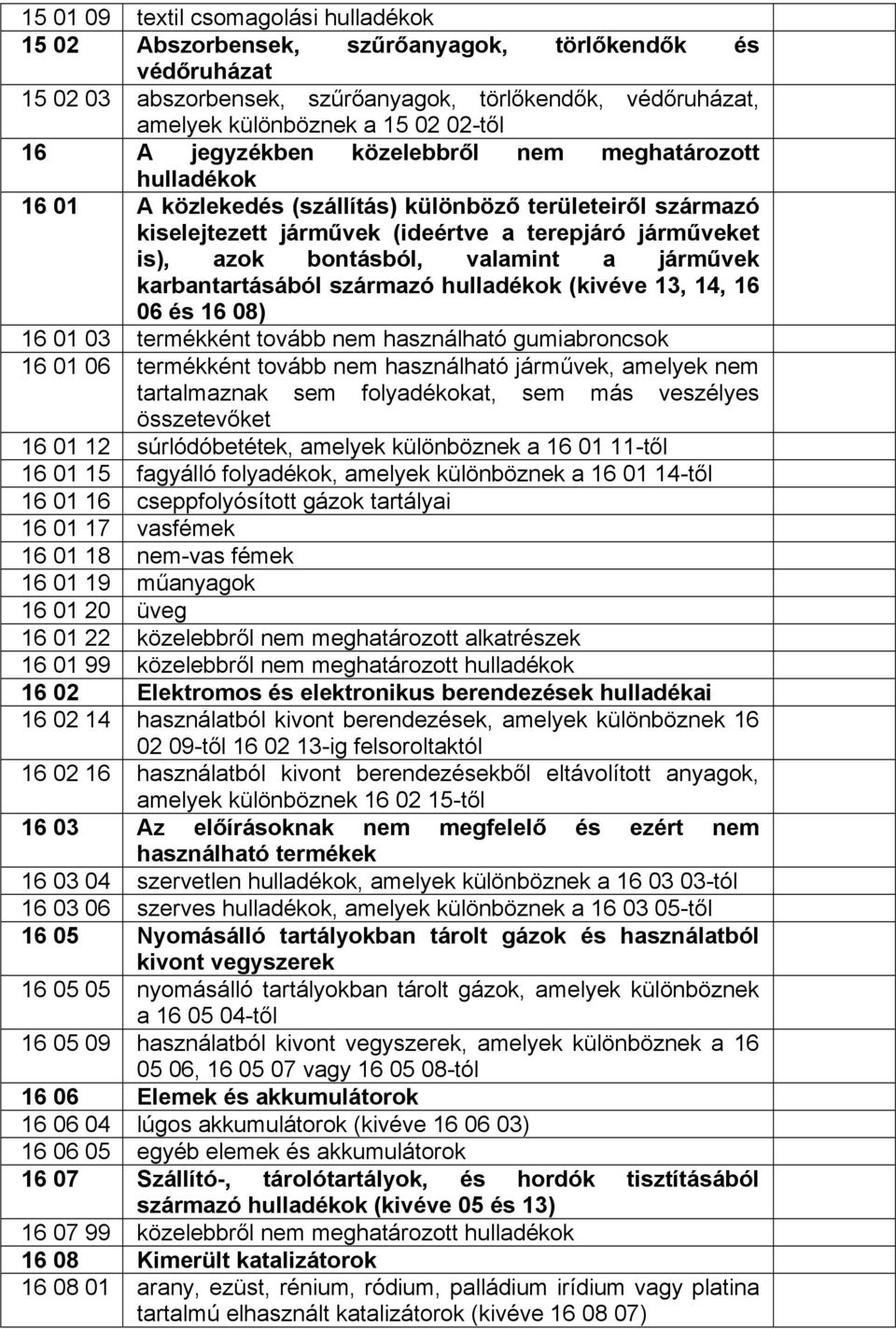 járművek karbantartásából származó (kivéve 13, 14, 16 06 és 16 08) 16 01 03 termékként tovább nem használható gumiabroncsok 16 01 06 termékként tovább nem használható járművek, amelyek nem