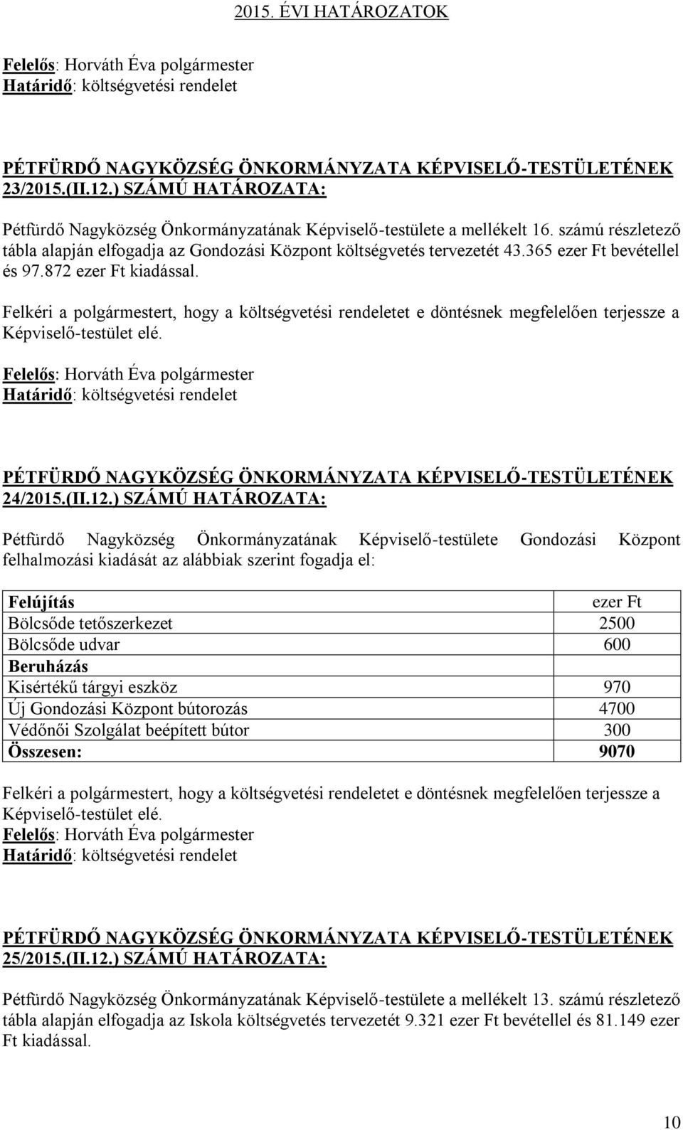 Felkéri a polgármestert, hogy a költségvetési rendeletet e döntésnek megfelelően terjessze a Képviselő-testület elé. Határidő: költségvetési rendelet 24/2015.(II.12.