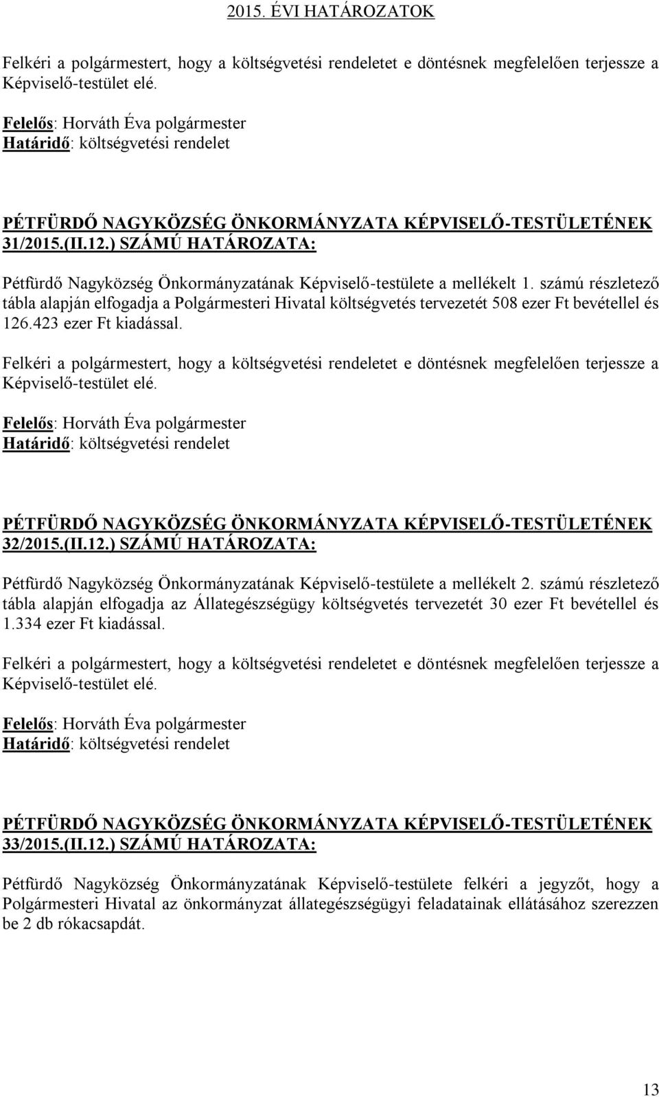 számú részletező tábla alapján elfogadja a Polgármesteri Hivatal költségvetés tervezetét 508 ezer Ft bevétellel és 126.423 ezer Ft kiadással.