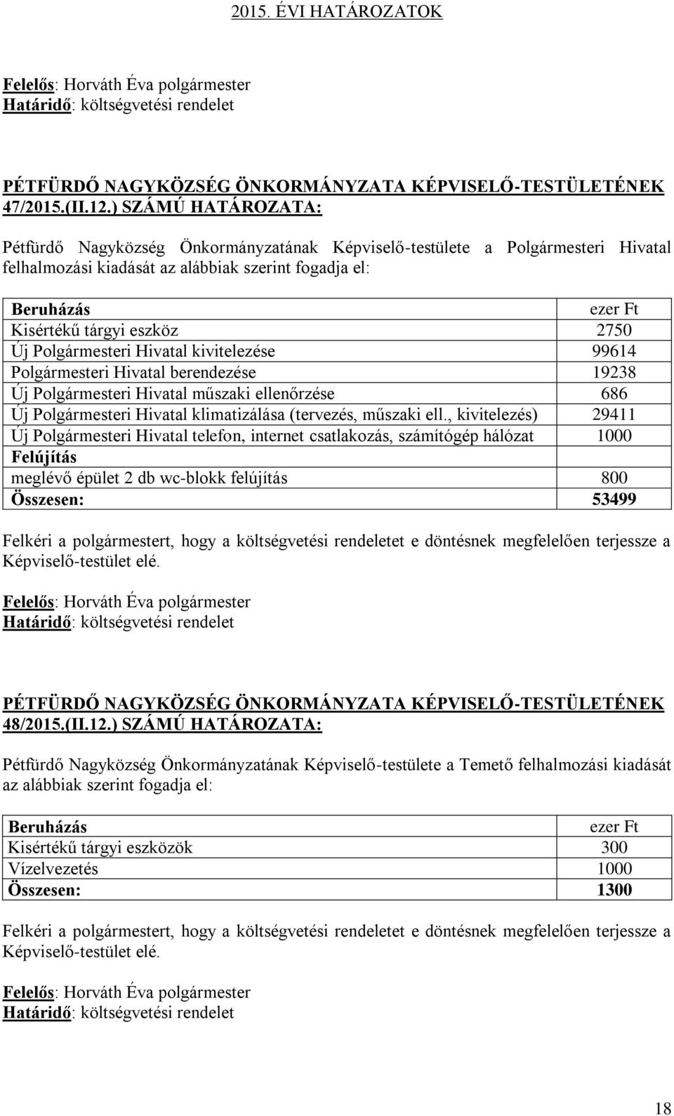 2750 Új Polgármesteri Hivatal kivitelezése 99614 Polgármesteri Hivatal berendezése 19238 Új Polgármesteri Hivatal műszaki ellenőrzése 686 Új Polgármesteri Hivatal klimatizálása (tervezés, műszaki ell.