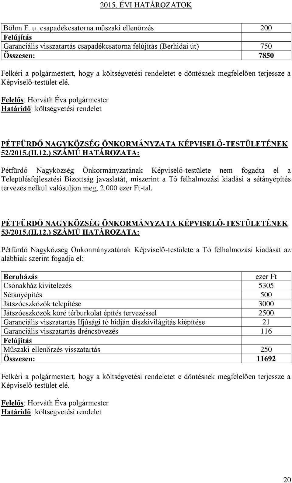 döntésnek megfelelően terjessze a Képviselő-testület elé. Határidő: költségvetési rendelet 52/2015.(II.12.