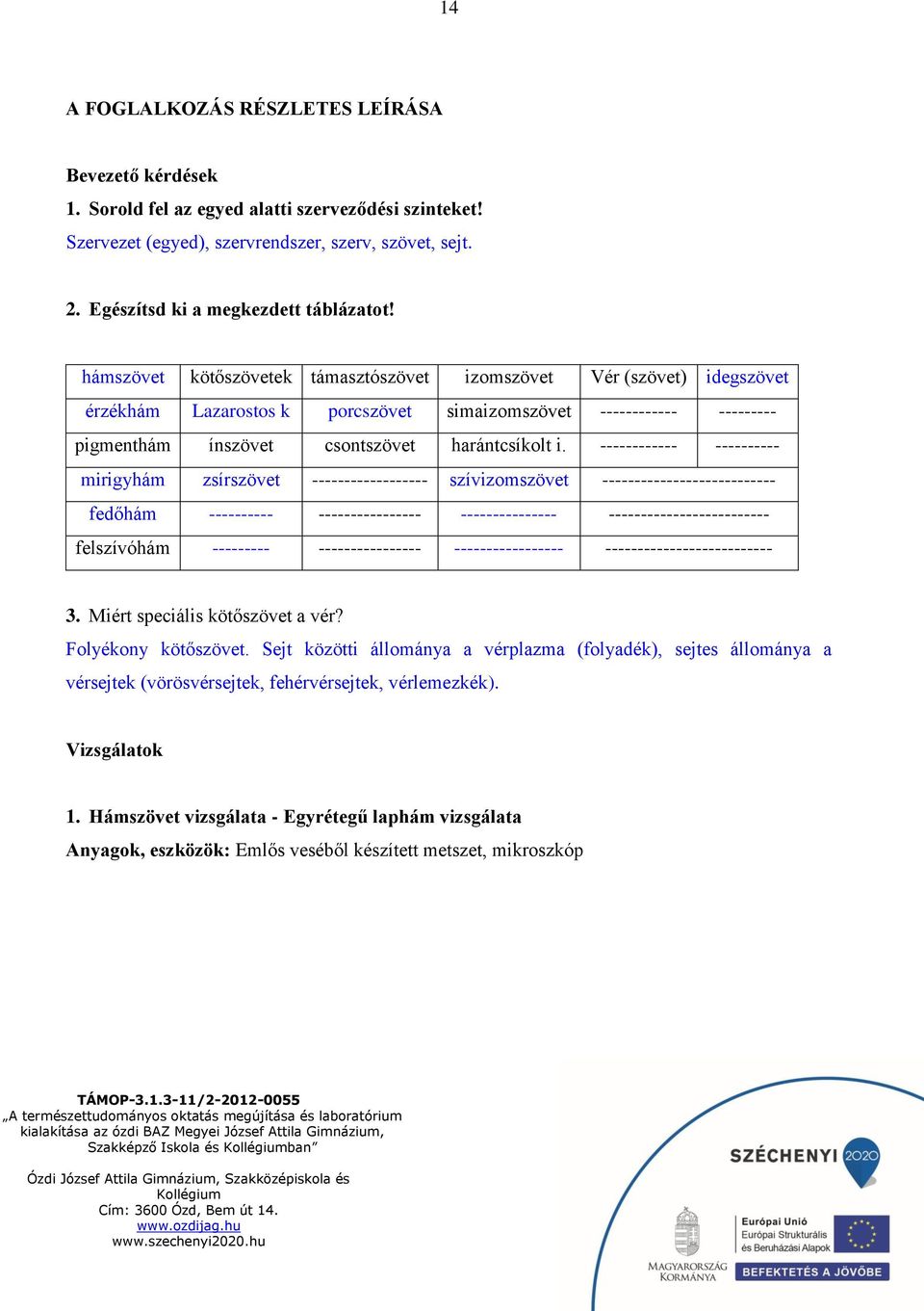 hámszövet kötőszövetek támasztószövet izomszövet Vér (szövet) idegszövet érzékhám Lazarostos k porcszövet simaizomszövet ------------ --------- pigmenthám ínszövet csontszövet harántcsíkolt i.