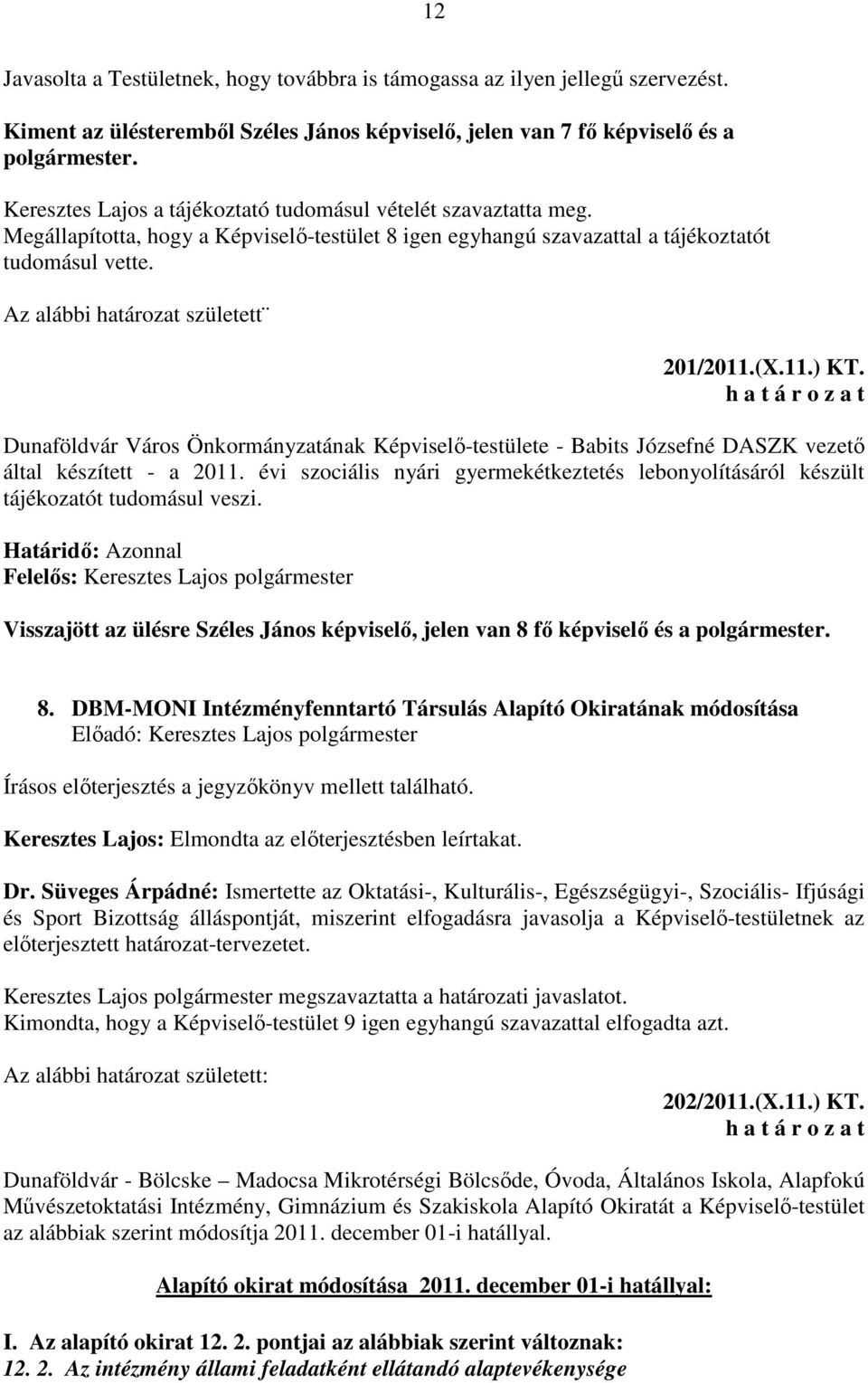 Az alábbi határozat született 201/2011.(X.11.) KT. Dunaföldvár Város Önkormányzatának Képviselő-testülete - Babits Józsefné DASZK vezető által készített - a 2011.