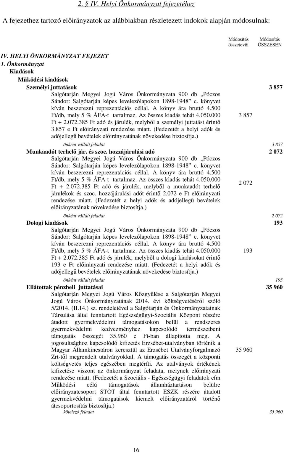 Önkormányzat Kiadások Működési kiadások Személyi juttatások 3 857 Salgótarján Megyei Jogú Város Önkormányzata 900 db Póczos Sándor: Salgótarján képes levelezőlapokon 1898-1948 c.