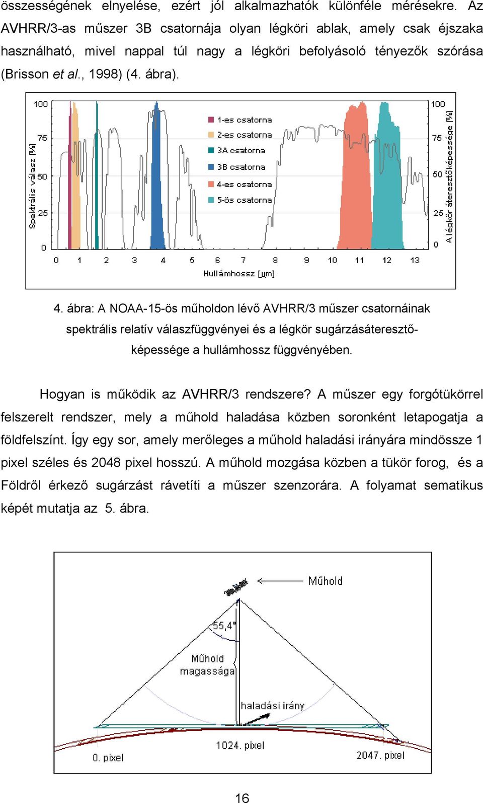 ábra: A NOAA-15-ös műholdon lévő AVHRR/3 műszer csatornáinak spektrális relatív válaszfüggvényei és a légkör sugárzásáteresztőképessége a hullámhossz függvényében.