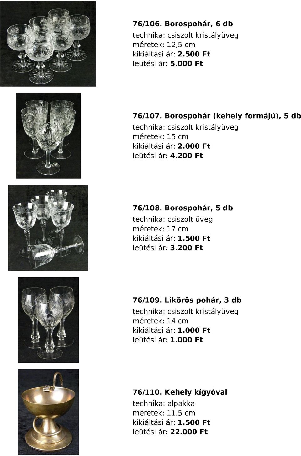 Borospohár, 5 db technika: csiszolt üveg méretek: 17 cm kikiáltási ár: 1.500 Ft leütési ár: 3.200 Ft 76/109.