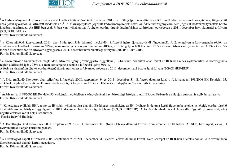 Az IIER-ben csak Ft-ban van nyilvántartva. A tételek euróra történő átszámításhoz az árfolyam egységesen a 2011. december havi bizottsági árfolyam (309,08 HUF/EUR).