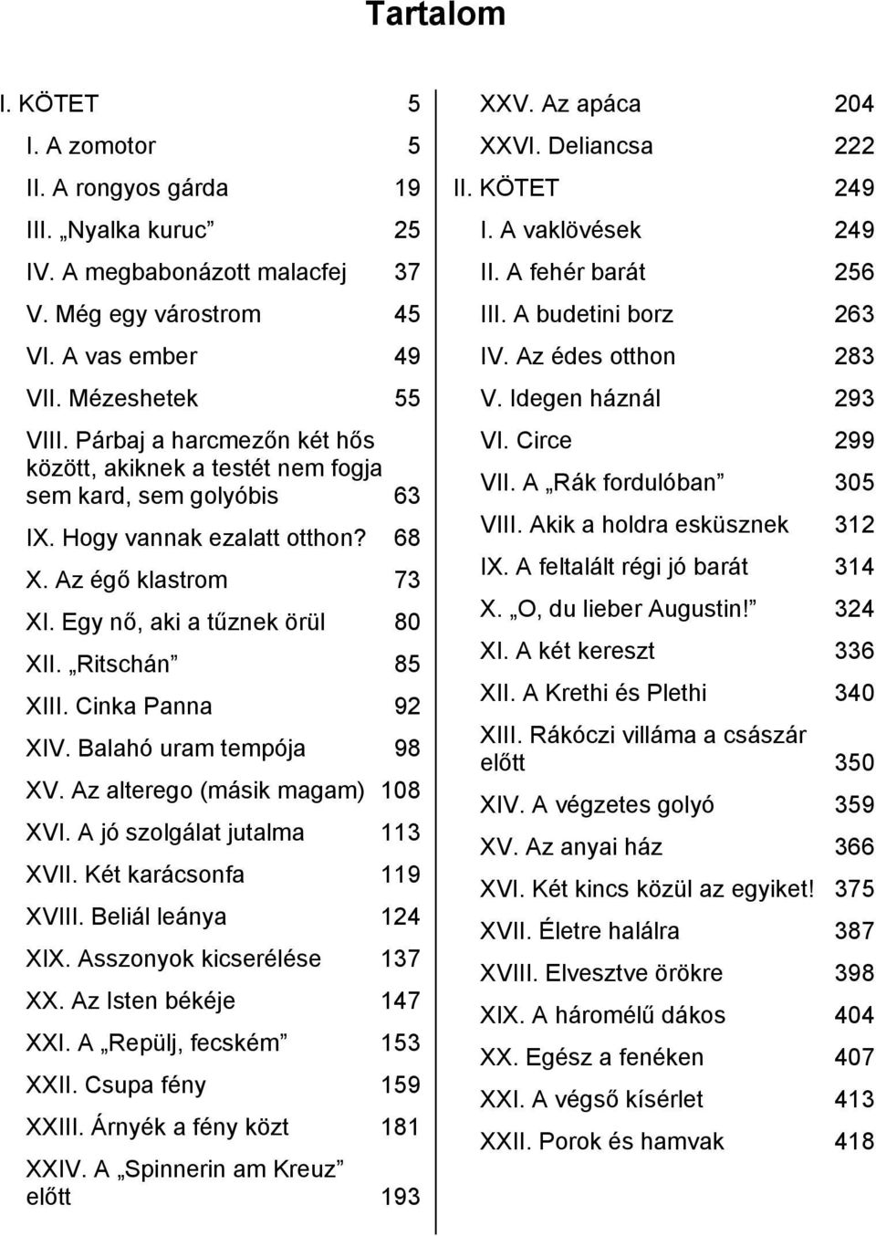 Cinka Panna 92 XIV. Balahó uram tempója 98 XV. Az alterego (másik magam) 108 XVI. A jó szolgálat jutalma 113 XVII. Két karácsonfa 119 XVIII. Beliál leánya 124 XIX. Asszonyok kicserélése 137 XX.