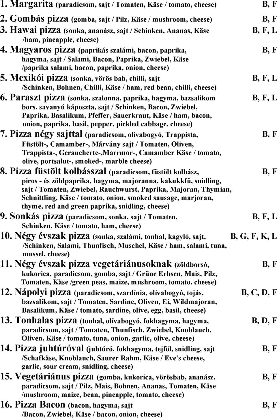 agyaros pizza (paprikás szalámi, bacon, paprika, B, F hagyma, sajt / Salami, Bacon, Paprika, Zwiebel, Käse /paprika salami, bacon, paprika, onion, cheese) 5.