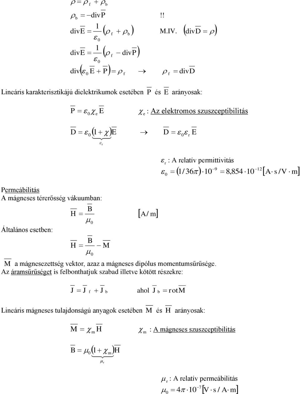 éősség vákuumban: B Áaános sbn: B M / m : aív pmiiviás 9 / 36 8,854 s / m M a mágnszség vko, azaz a mágnss dipóus