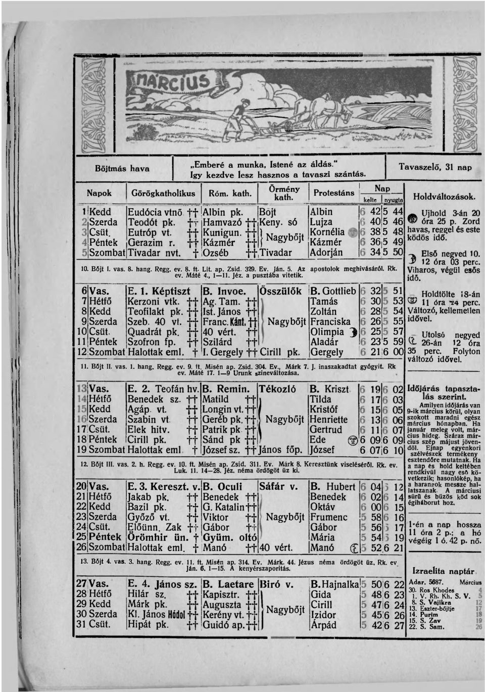 f Özséb ff,tivadar Protestáns I Albin Lujza Kornélia Kázmér Adorján kelte Nap 42 5 40 5 38 5 36,5 345 10. Böjt I. vas. 8. hang. Regg. ev. 8. ft. Lit. ap. Zsid. 329. Ev. Ján. 5. Az apostolok meghívásáról.