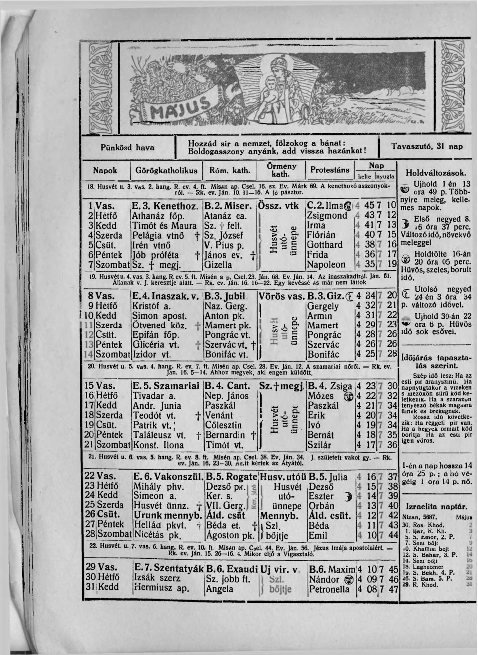 3 Kedd Timót és Maura Sz. f felt. 4 Szerda Pelágia vtnő f Sz. József 5 Csüt. Irén vtnő V. Pius p. 6 Péntek Jób próféta f János ev. f 7 Szombat Sz. f megj. Gizella Össz. vtk % S.