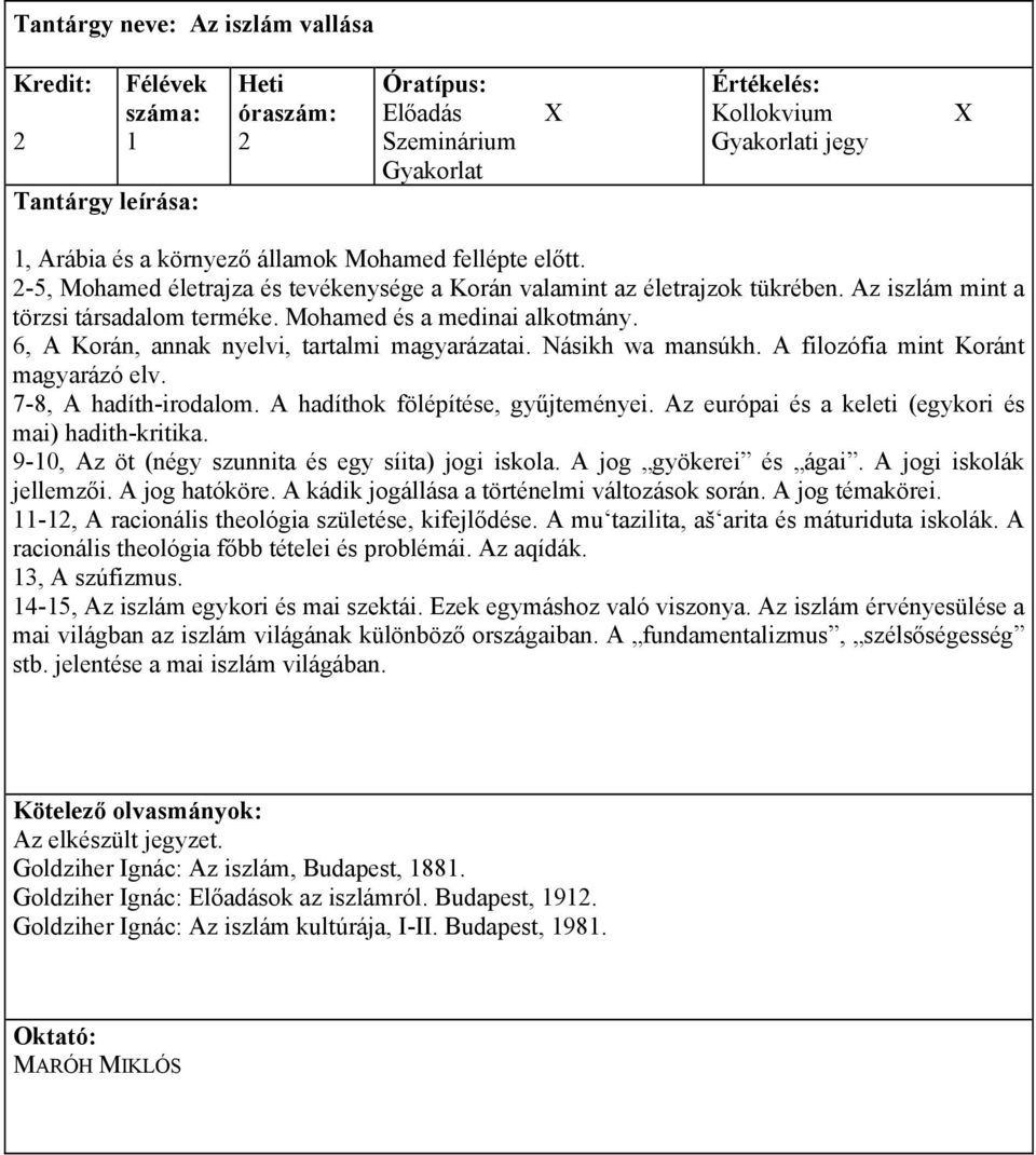 6, A Korán, annak nyelvi, tartalmi magyarázatai. Násikh wa mansúkh. A filozófia mint Koránt magyarázó elv. 7-8, A hadíth-irodalom. A hadíthok fölépítése, gyűjteményei.