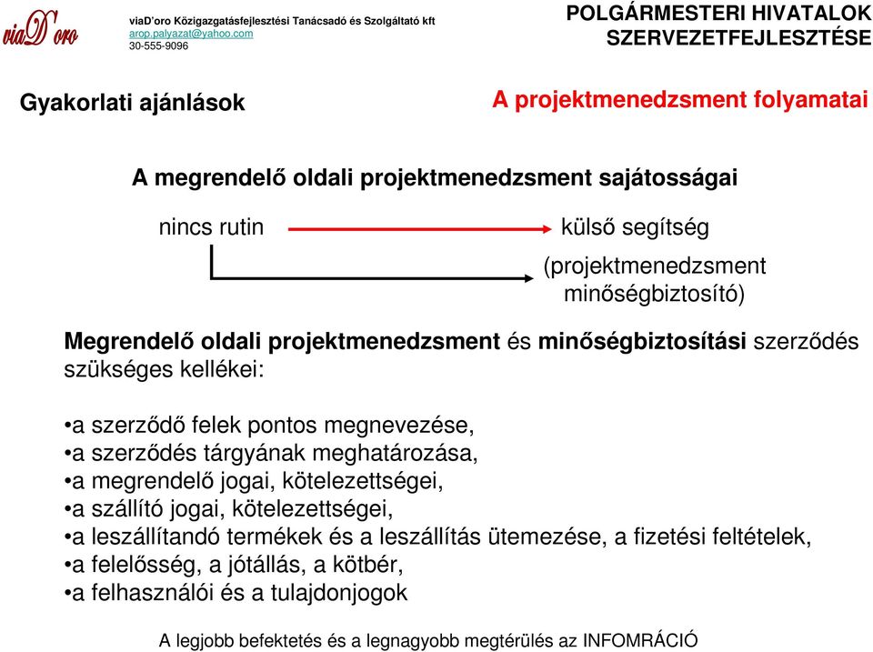 felek pontos megnevezése, a szerzıdés tárgyának meghatározása, a megrendelı jogai, kötelezettségei, a szállító jogai, kötelezettségei, a