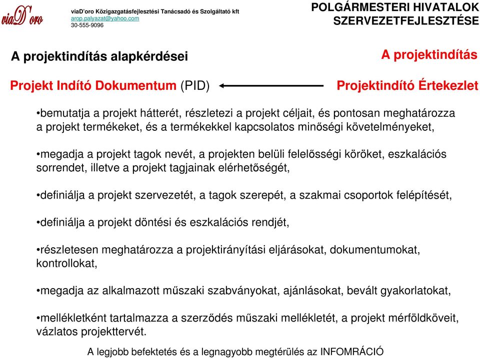 elérhetıségét, definiálja a projekt szervezetét, a tagok szerepét, a szakmai csoportok felépítését, definiálja a projekt döntési és eszkalációs rendjét, részletesen meghatározza a projektirányítási