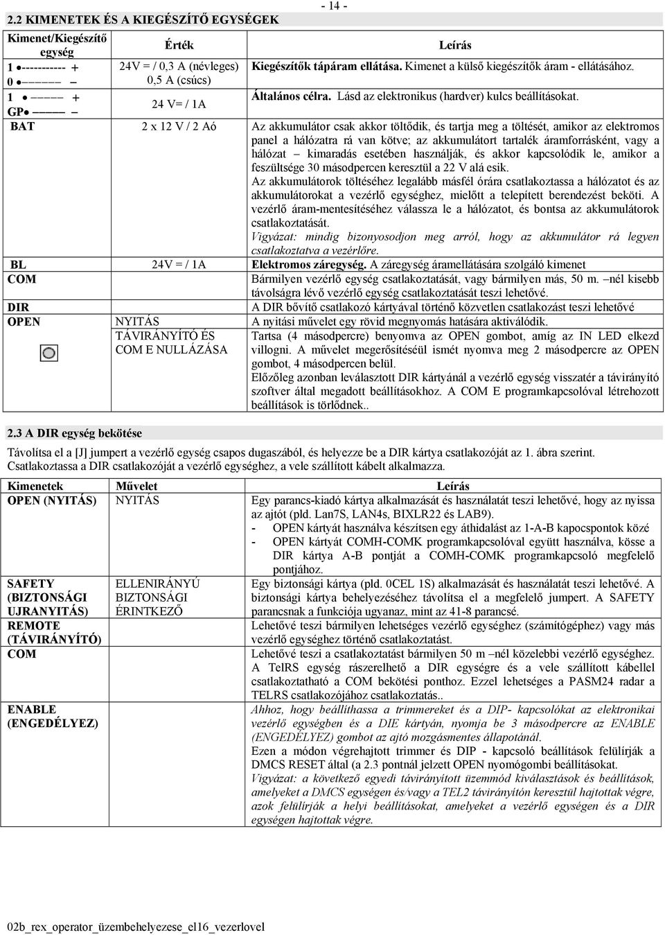 24 V= / 1A GP BAT 2 x 12 V / 2 Aó Az akkumulátor csak akkor töltődik, és tartja meg a töltését, amikor az elektromos panel a hálózatra rá van kötve; az akkumulátort tartalék áramforrásként, vagy a