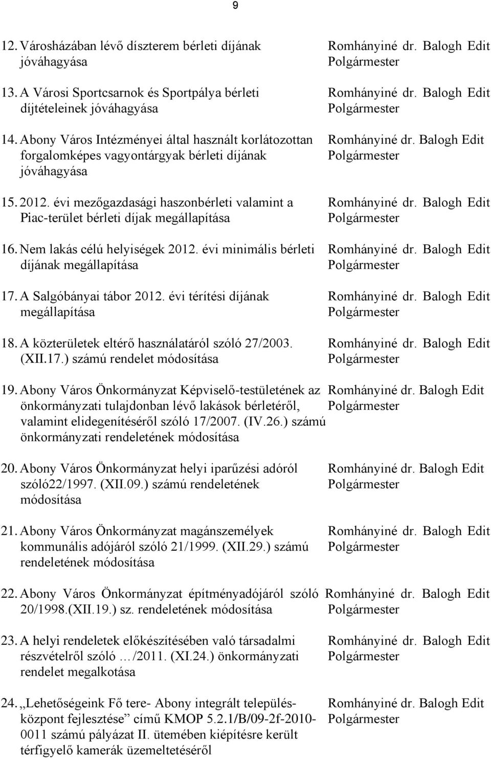 Balogh Edit forgalomképes vagyontárgyak bérleti díjának Polgármester jóváhagyása 15. 2012. évi mezőgazdasági haszonbérleti valamint a Romhányiné dr.