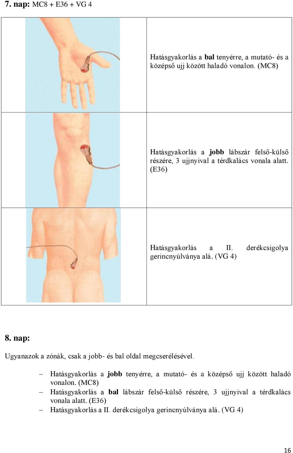derékcsigolya gerincnyúlványa alá. (VG 4) 8. nap: Hatásgyakorlás a jobb tenyérre, a mutató- és a középső ujj között haladó vonalon.