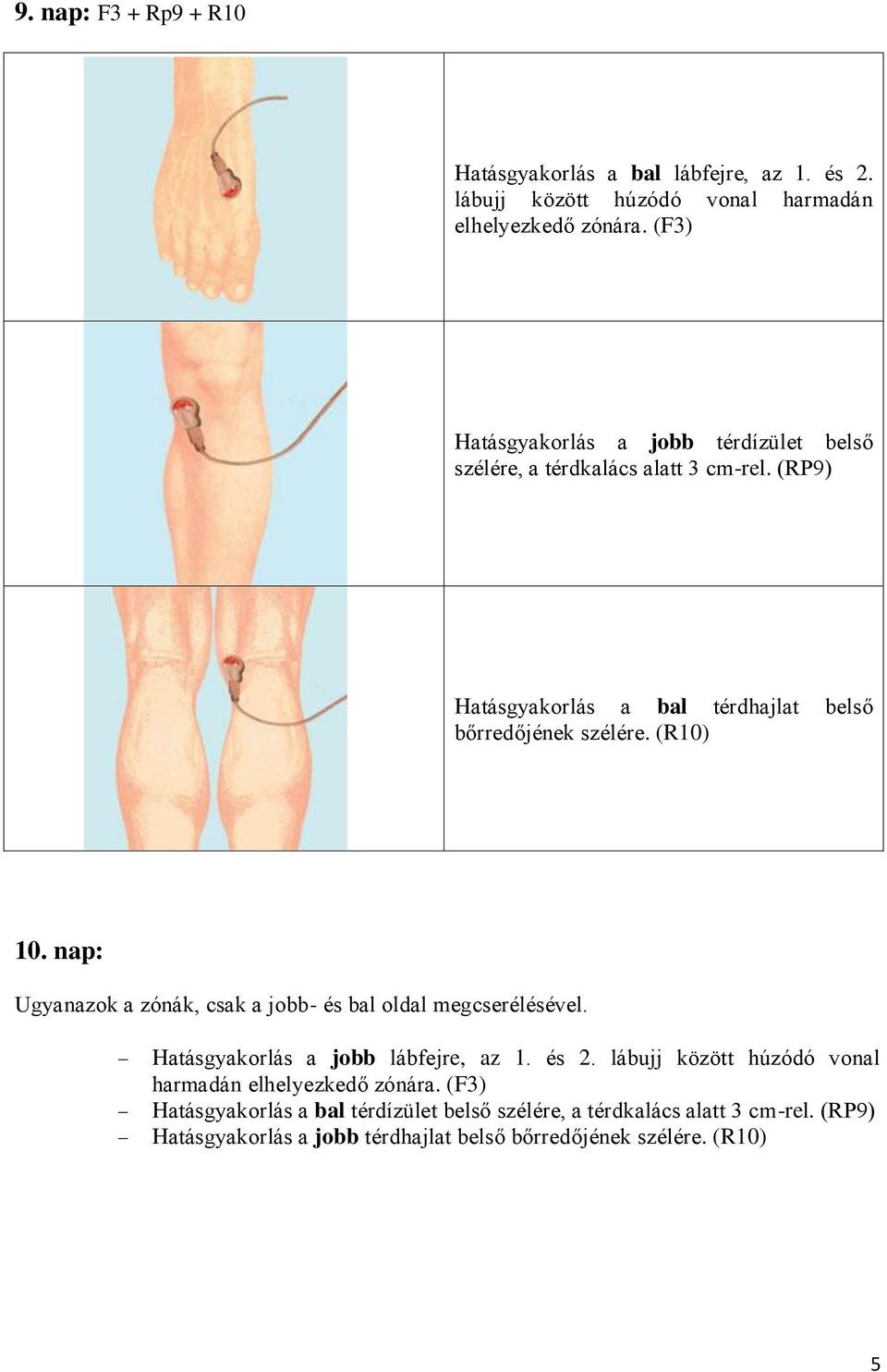 (RР9) Hatásgyakorlás a bal térdhajlat belső bőrredőjének szélére. (R10) 10. nap: Hatásgyakorlás a jobb lábfejre, az 1. és 2.