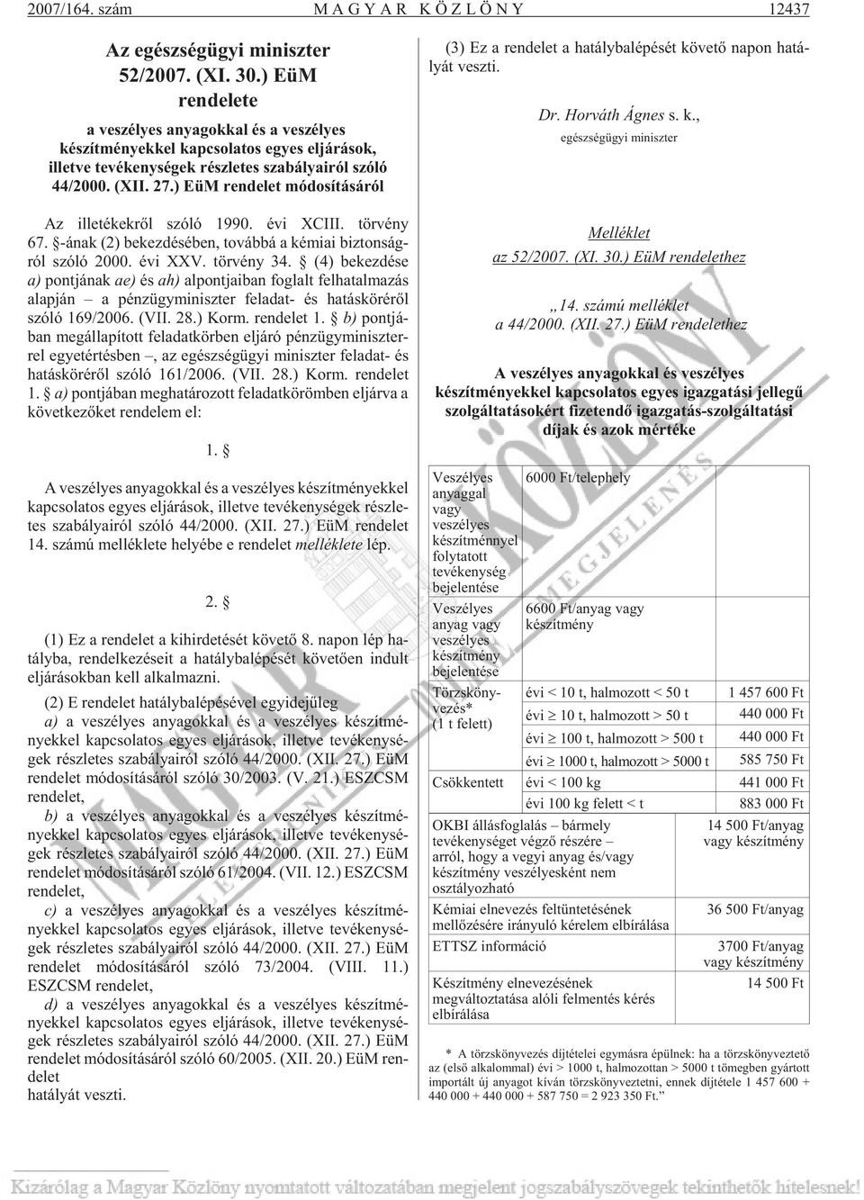 ) EüM rendelet módosításáról Az il le té kek rõl szóló 1990. évi XCIII. tör vény 67. -ának (2) be kez dé sé ben, to váb bá a ké mi ai biz ton ság - ról szóló 2000. évi XXV. tör vény 34.