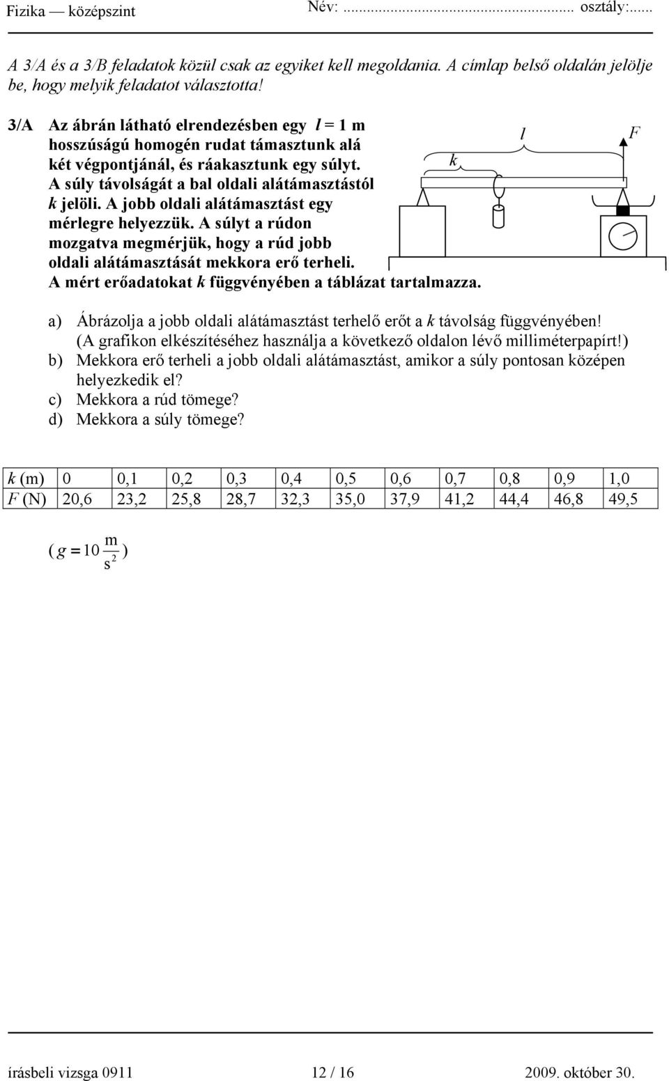 A jobb oldali alátámasztást egy mérlegre helyezzük. A súlyt a rúdon mozgatva megmérjük, hogy a rúd jobb oldali alátámasztását mekkora erő terheli.