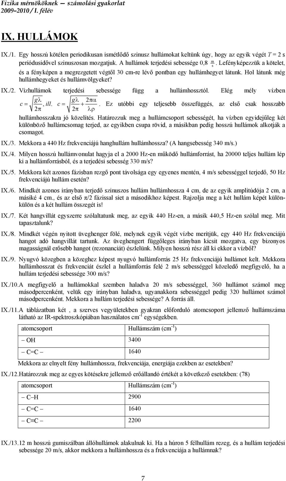 Vízhullámok terjedéi ebeége függ a hullámhoztól. Elég mély vízben gλ gλ 2πα c =, ill. c = +. Ez utóbbi egy teljeebb özefüggé, az elő cak hozabb 2π 2π λρ hullámhozakra jó közelíté.