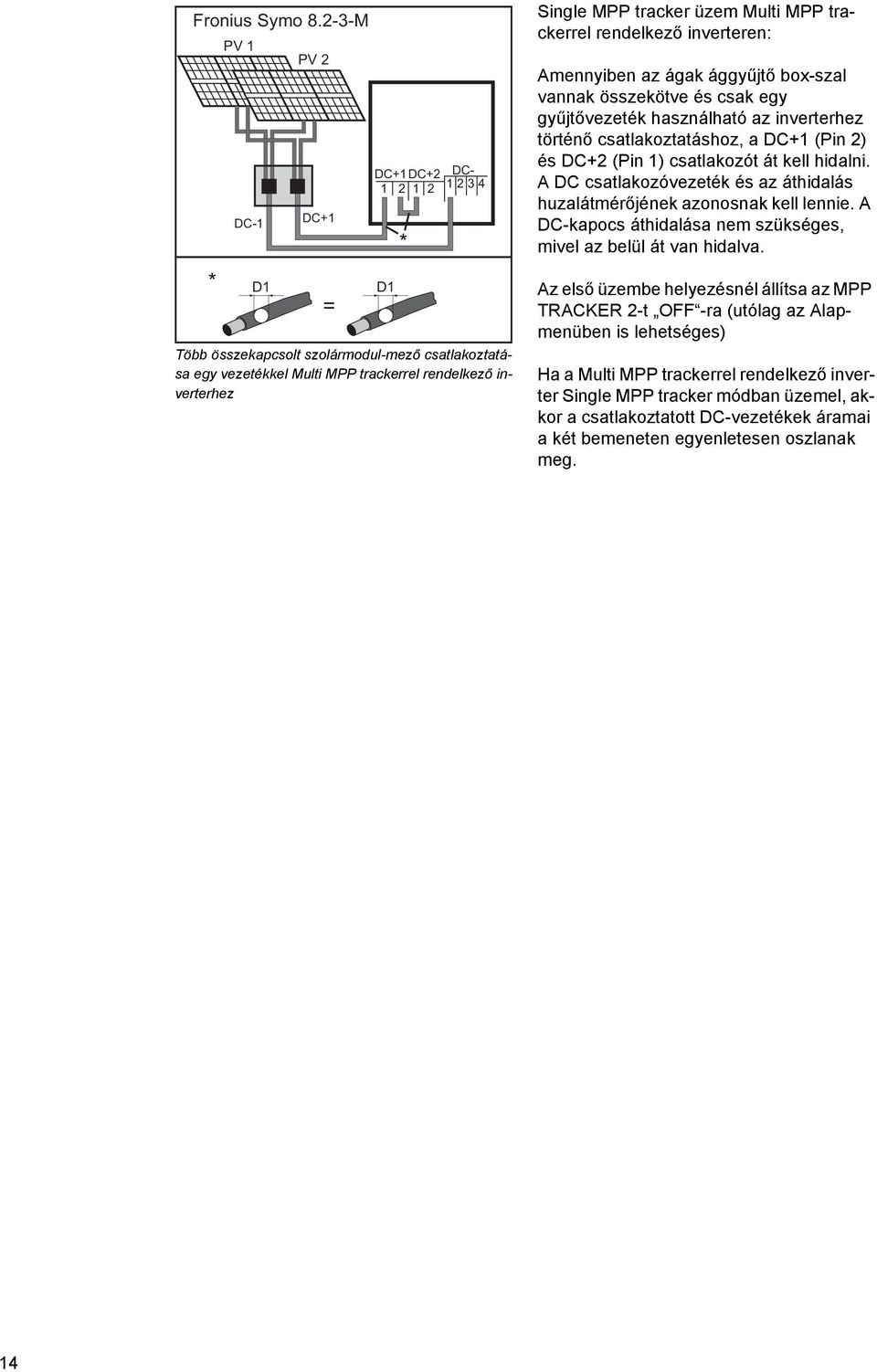 Multi MPP trackerrel rendelkező inverteren: Amennyiben az ágak ággyűjtő box-szal vannak összekötve és csak egy gyűjtővezeték használható az inverterhez történő csatlakoztatáshoz, a DC+1 (Pin 2) és