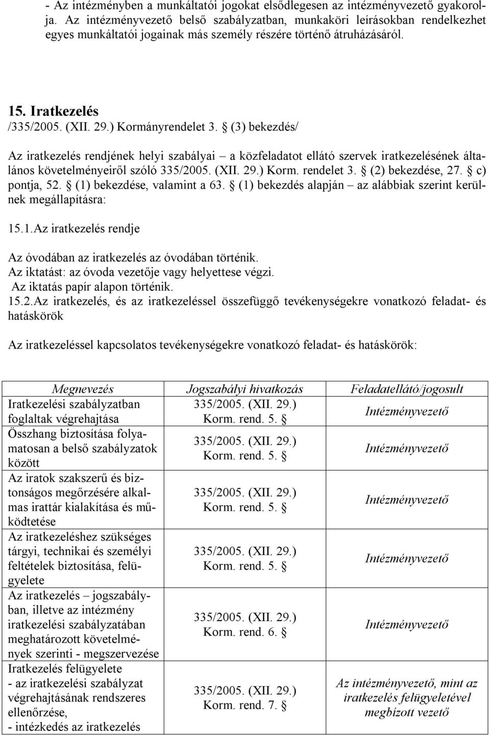 ) Kormányrendelet 3. (3) bekezdés/ Az iratkezelés rendjének helyi szabályai a közfeladatot ellátó szervek iratkezelésének általános követelményeiről szóló 335/2005. (XII. 29.) Korm. rendelet 3.