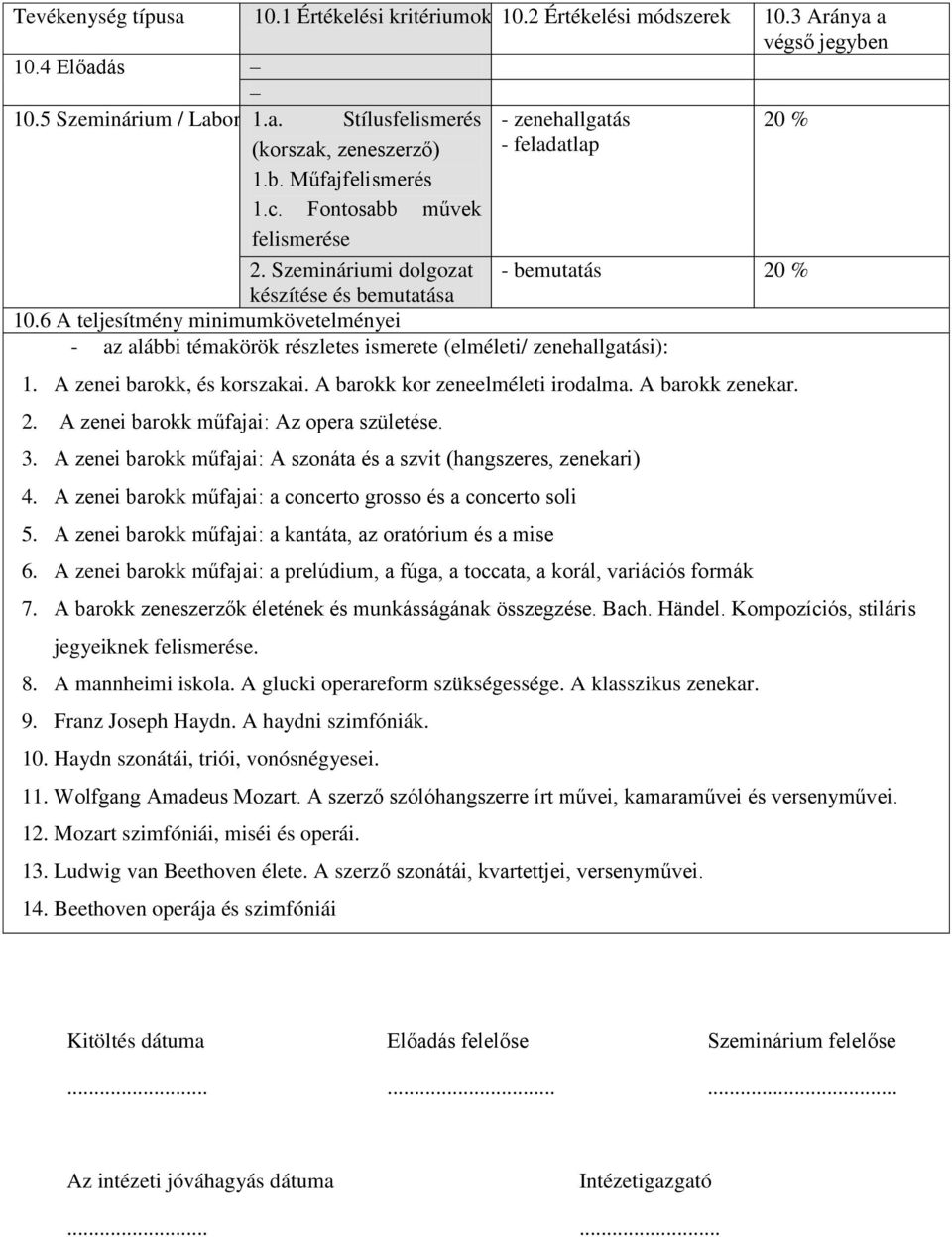 6 A teljesítmény minimumkövetelményei - az alábbi témakörök részletes ismerete (elméleti/ zenehallgatási): 1. A zenei barokk, és korszakai. A barokk kor zeneelméleti irodalma. A barokk zenekar. 2.